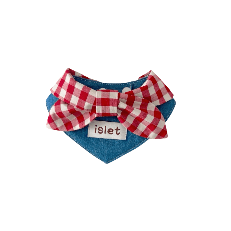 Denim & Gingham Pet Bandana – Rustic Style with a Playful Red Bow - Paw Charge
