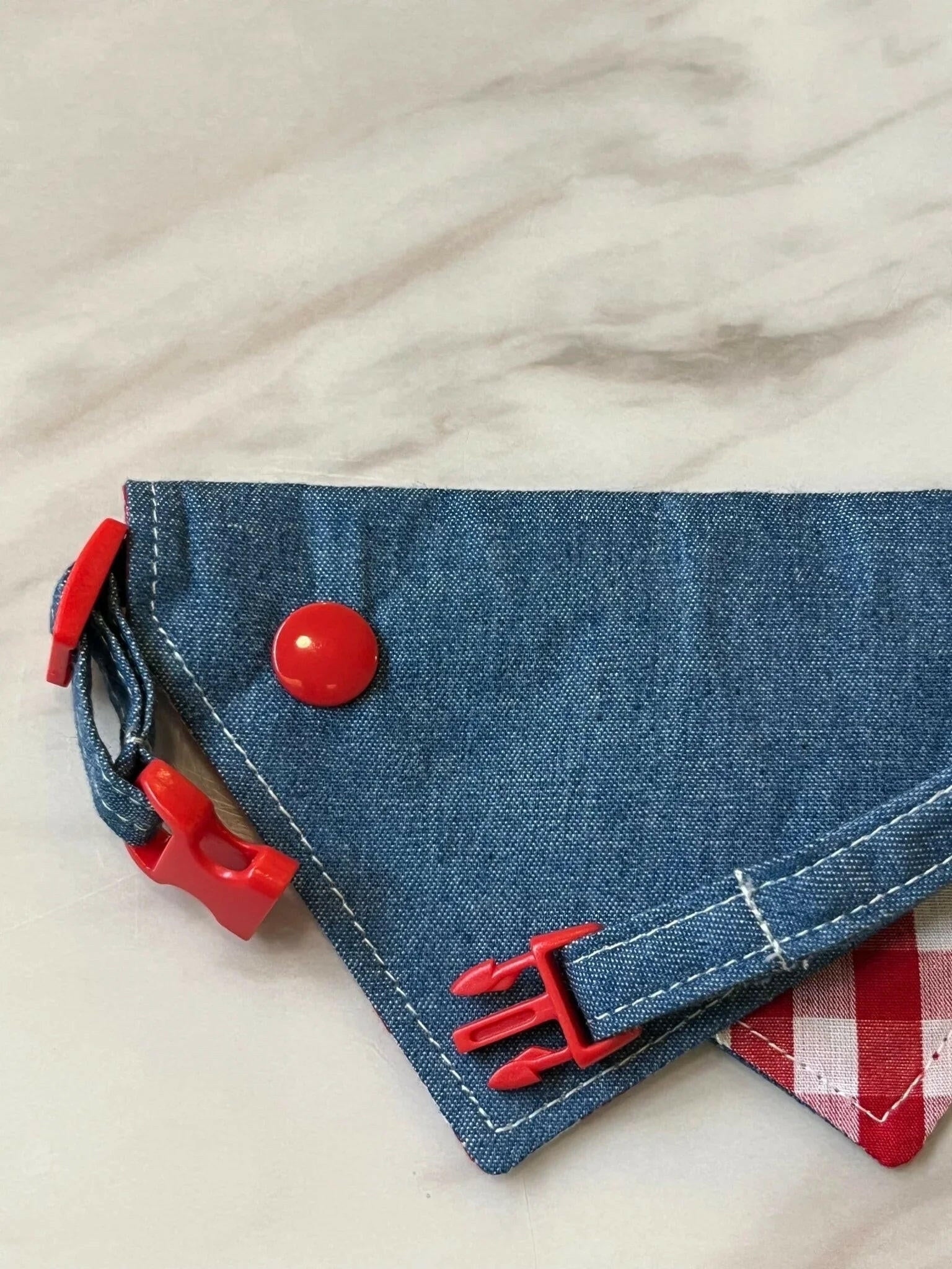 Vintage Denim & Gingham Pet Bandana – Soft Style with Bold Red Button Details - Paw Charge